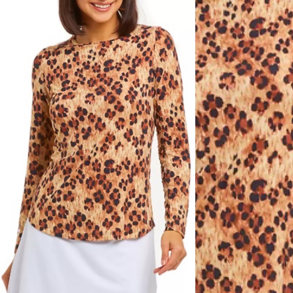 IBKUL Top Long Sleeve Crew Neck Long Mesh Sleeve Le Leopard Animal Print Mobwife